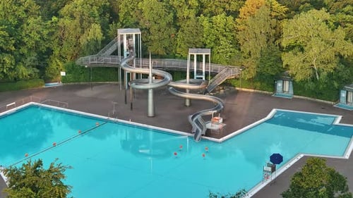 Aerial view of public pools and greenery, Germany.