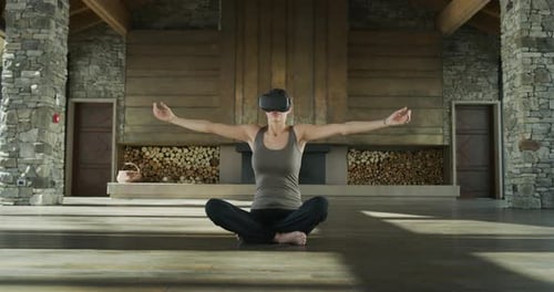Woman Meditating with VR Headset in Modern Room