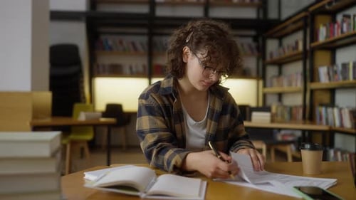 Student Studying and Writing Notes in Library