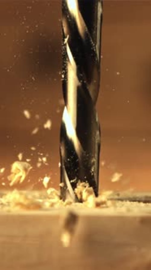 Wood is Drilled with a Drill with Sawdust Filmed is Slow Motion 1000 Fps