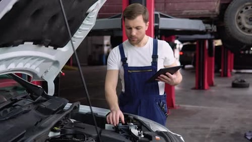 Professioneller Automechaniker, der mit Tablet im Autoreparaturservice arbeitet