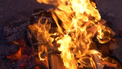Roaring Fire With Bright Yellow Flames at Night