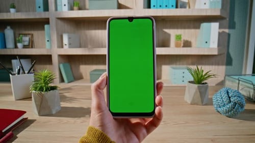 Woman Hand Holding Mockup Cellphone at Workspace Closeup Unrecognizable Manager