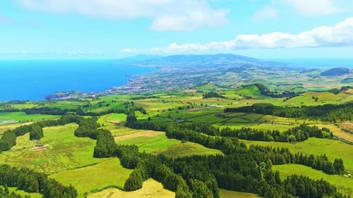 Lush Green Hills Atlantic Ocean Azores Sao Miguel Island Portugal Aerial View