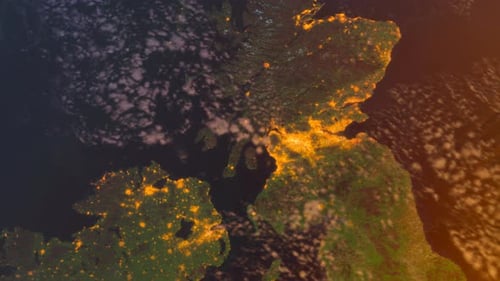 United Kingdom From Space At Sunrise. Uk From Space Orbit. Planet. Globe