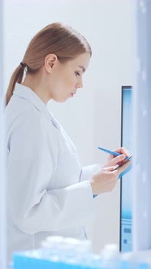 Female Scientist Writes on Futuristic Device in Lab