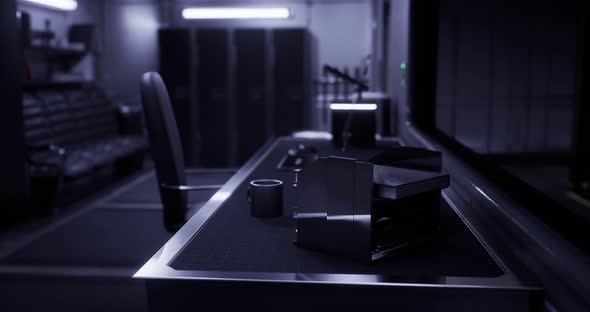Modern Workspace with Sleek Design and Dim Lighting in a Futuristic ...