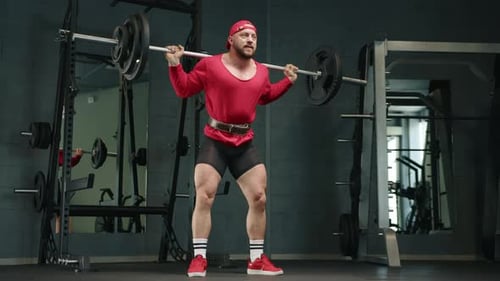 Professional Bodybuilder Squats with a Barbell in the Gym