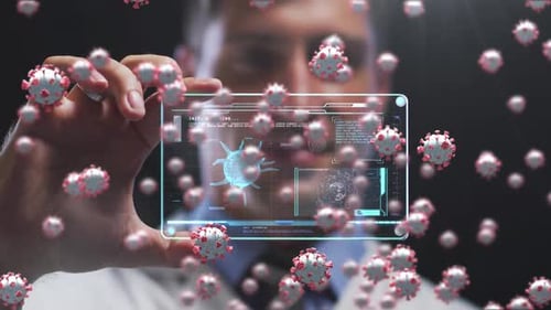 Animation of covid 19 cells over man holding screen with covid 19 cell and medical data processing