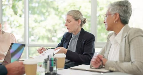 Documents, marketing and teamwork of business people in meeting discussing strategy in company