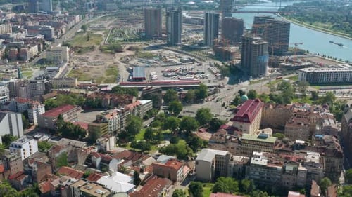 Bird's Eye View Of The Highrise Buildings Of Belgrade City Beside The Danube River In Serbia. aerial