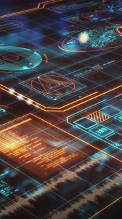 Interface futuriste affichant des informations complexes d'analyse et de traitement de données