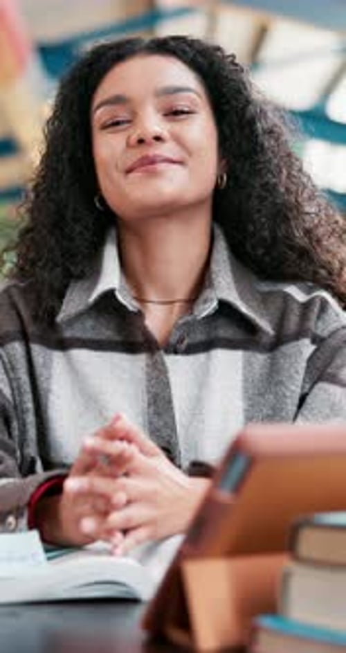 Student, girl and face with laughing at university for studying, learning for exam