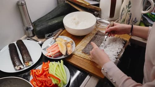 Sushi Preparation at Home on Kitchen Counter