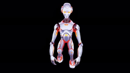 Un robot futuriste se tient sur un fond noir