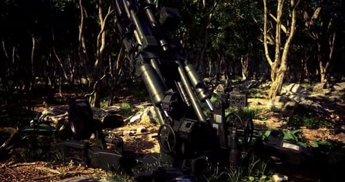 Military Artillery Positioned in a Dense Forested Area Under Soft Sunlight