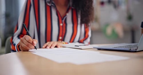 Hands, writing and business woman with calculator in office checking financial budget of corporate