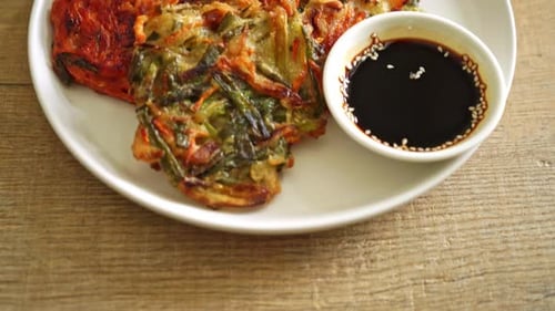 Savory Vegetable Pancakes with Dipping Sauce Close Up