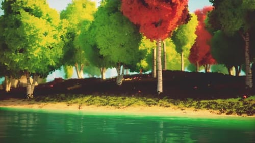 Colorful Cartoon Forest at Sunset