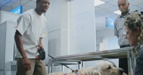 Airport Security Checkpoint with Dog and Security Personnel
