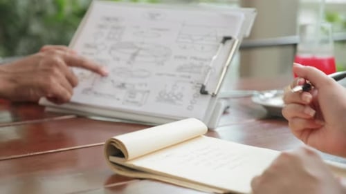 Colleagues Discussing Business Plan on Paper in Cafe