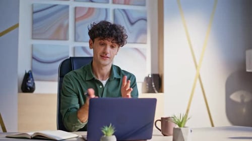 Consultant Explaining Work Virtual Meeting By Laptop in Business Office Closeup