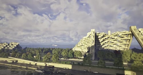 Arquitectura moderna a lo largo de un pintoresco paseo marítimo con exuberante vegetación y nubes