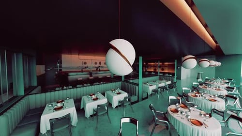 Empty Restaurant with Round Pendant Lights and Neatly Set Tables in Evening