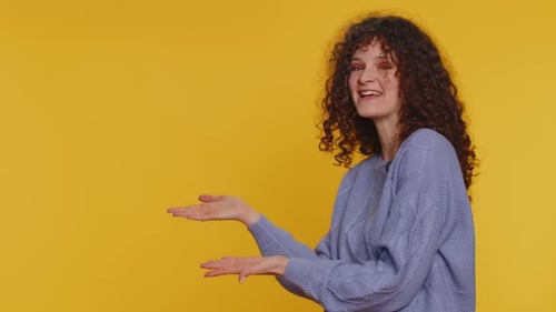 Woman Pointing Empty Place Advertising Area for Commercial Text Copy Space for Goods Promotion