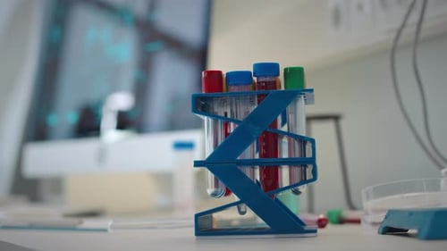 Test Tubes with Samples in Rack on Table in Research Laboratory