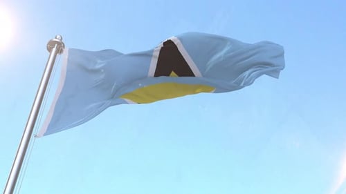 Realistic Waving Saint Lucia Flag with Clear Blue Sky Background