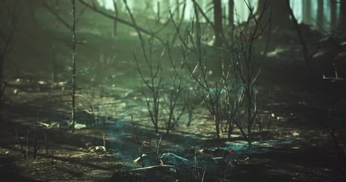 Mysterious Forest with Eerie Fog and Ghostly Figures at Dusk