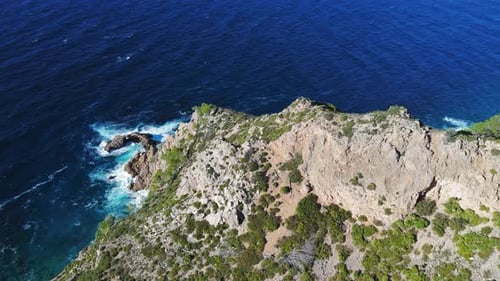 Rocky Cliffs By The Mediterranean Coastline Of Majorca, Balearic Islands, Spain. Panorama View.