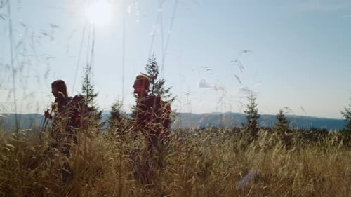 Girl and guy trekking in mountains. Positive couple hiking on road in field