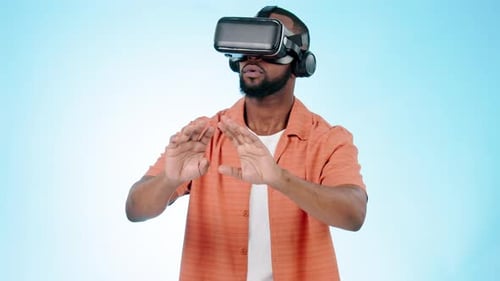 Man, vr glasses and hands in studio for 3d user experience, system test