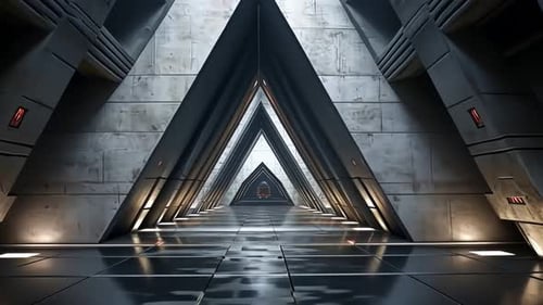 Futuristic concrete hallway, triangular architecture. Interior space