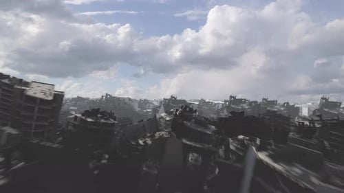 Destroyed city after earthquake or war, aerial
