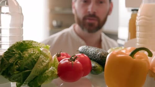 Point of View POV Inside Refrigerator Caucasian Man Husband Guy Male Homeowner Chef Cooker Open