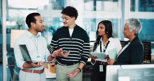 People, programmer and high five with laptop in office of programming, software solution