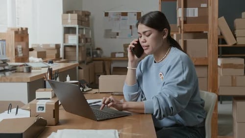Woman Working at Computer While Talking on Phone