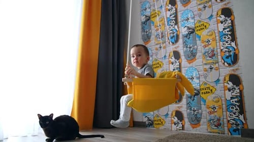 Child Swinging Happily at Home Beside Cat