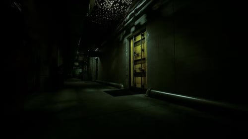 Mysterious Dark Industrial Corridor Flythrough to Yellow Door