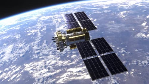 Futuristic Satellite Orbiting Earth with Solar Panels in Space