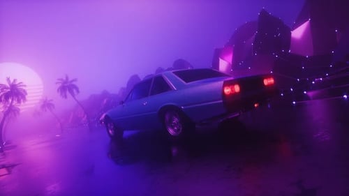 Retro Wave Riding Car At Foggy Landscape Synth Wave Style Background
