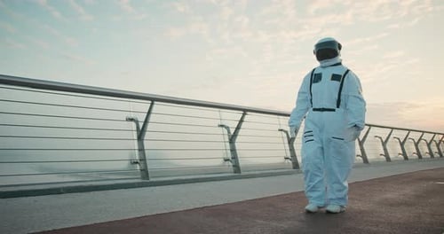 Female Astronaut in Space Suit Confidently Walking on Mars Hispanic Woman Cosmonaut Exploring Deep