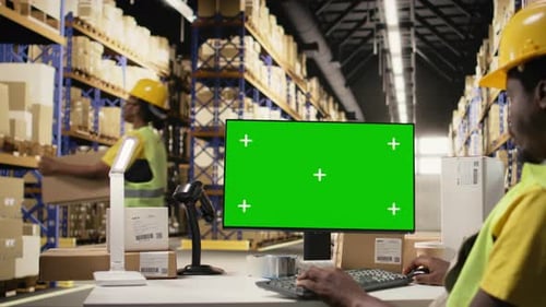 Black Man supervisa las operaciones de comercio electrónico en un PC junto a Chroma Key