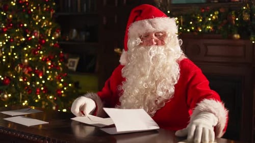 Santa Claus Reading Letters at Desk by Christmas Tree