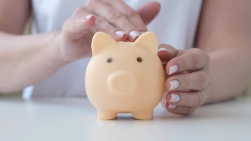 Hands Stroking and Protecting Piggy Bank Money Accumulation and Insurance