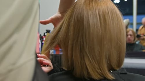 Close Up Young Woman Getting Haircut In Beauty Salon