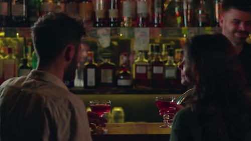 Rear View of Girlfriend with Boyfriend Spending Weekend Evening in Bar Bartender Serving Liquors for